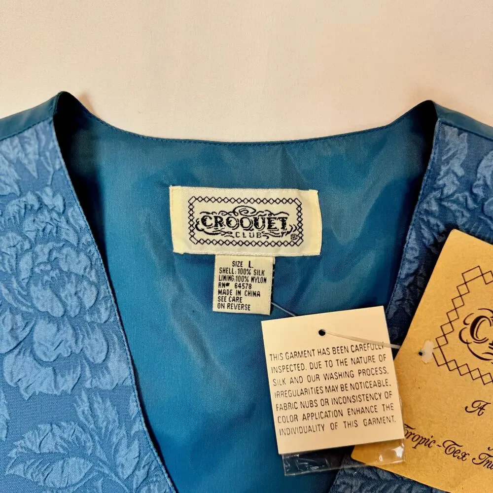 NWT Deadstock Boho Croquet Club VTG Floral Vest Blue 100% Silk Women’s Large - Picture 4 of 12